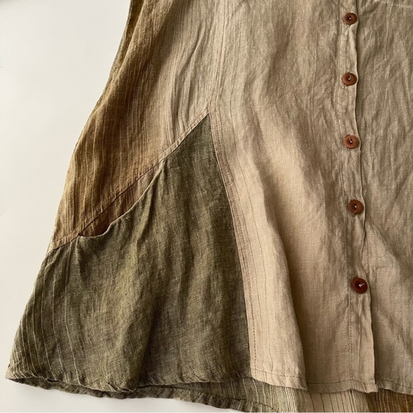 Flax- Striped Linen tunic Button down with 3/4 sleeves Earthy Tones Size S - Picture 10 of 12